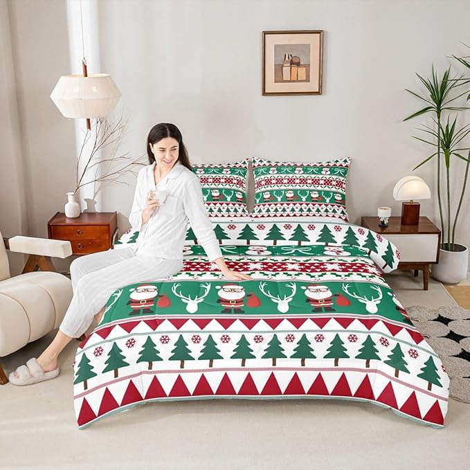 Feelyou Merry Christmas Tree Comforter Set Full Size Cute Snowman Bedding Set for Kids Boys Girls Santa Claus Duvet Quilt Cartoon Bowknot Bedroom Decor Microfiber 3 Pcs with 2 Pillow Cases