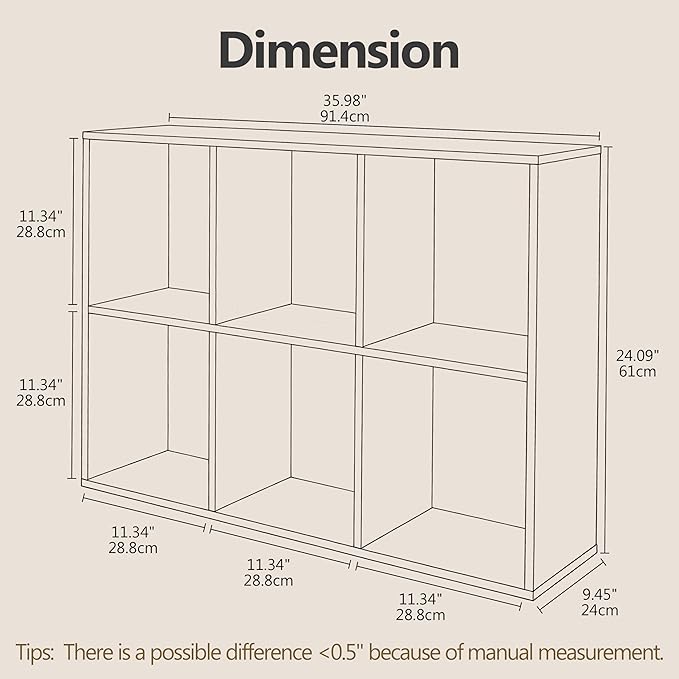 Wooden 6-Cube Storage Organizer with Closed Back Panel, 11.34" Cube Shelf Opening, Bookshelf, Display Shelf for Living Room, Bedroom, Home Office, 35.98" L x 9.45" W x 24.09" H, Natural Wood
