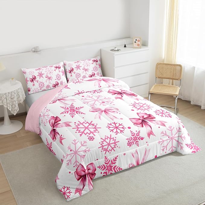 Cute Bow Tie Comforter Set King Size,Girly Bowknot Snowflake Dots Kids Bedding Set,Merry Christmas Winter Princess Quilt Comforter,Pink White Duvet Insert,2 Pillowcases