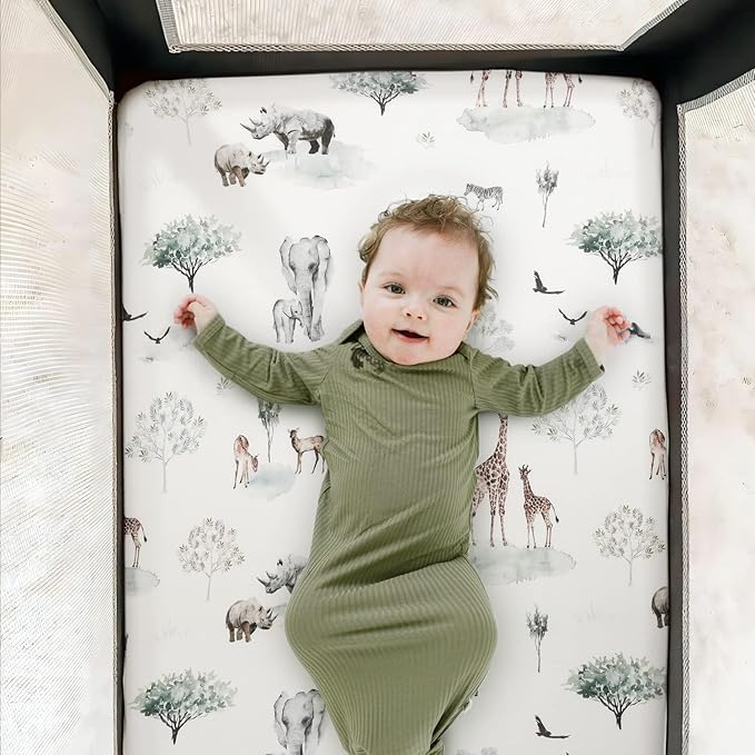 Stretchy Ultra Soft Jersey Knit Pack n Play Sheets Set 3 Pack, Portable/Mini Crib Sheets for Girls and Boys, Universal Fit for Pack N Plays Safe and Snug, Stylish African Savannah Animals Pattern