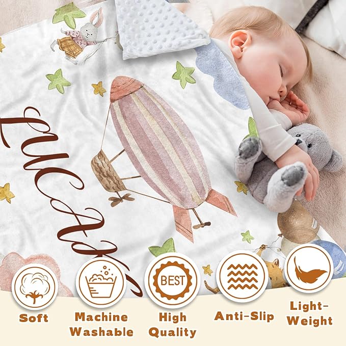 Personalized Baby Blanket for Girls, Custom Name Blanket for Newborn New Mom , Soft Flannel with Double Layer Dotted Backing, Gifts for Baby Shower Christmas Birthday, Hot Air Balloons(60"x80)