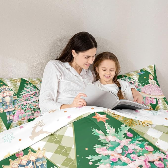 jejeloiu Christmas Nutcracker Comforter Set Queen Size Gingerbread Man Bedding Set for Kids Boys Girls Xmas Tree Duvet Quilt Green Bedroom Decor