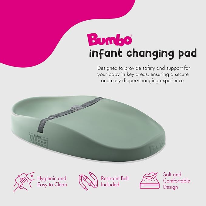 Bumbo Baby Changing Pad for Dresser or Table Top, Portable & Wipeable Non Slip Soft Contoured Diaper Change Station with Harness, Hemlock