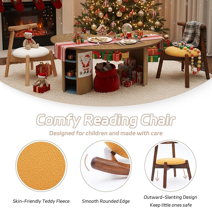 DAYAURS Toddler Chair Comfy Sherpa Kid Chairs, Armless Reading Chair for Kids Bedroom, Boys Girls Desk Chairs for Ages 2-5, Solid Wooden Stool Kids Furniture for Playroom/Preschool/Nursery, Yellow