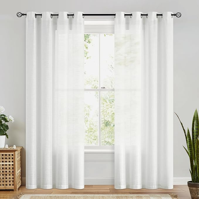 FMFUNCTEX Linen Semi Sheer Curtains for Bedroom, White Curtains 84 Inches Long for Living Room, Country Farmhouse Sheer Drapes, Light Filtering Window Curtain, Grommet Top 2 Panels