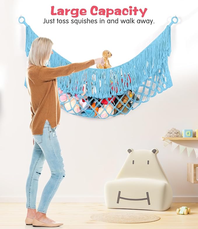 Stuffed Animal Hammock - Extra Large 56'' Long, Stuffed Animal Storage, stuffed animal Holder net, Toy Hammock Large, Toy Storage Hanging Organizer - Blue