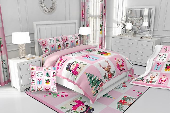 Erosebridal Merry Christmas Comforter Set for Kids Christmas Tree Quilt Full Size with 2 Pillow Cases Santa Claus Xmas Decor Bedding Set Kawaii Snowman Bedding Comforter Sets,Pink