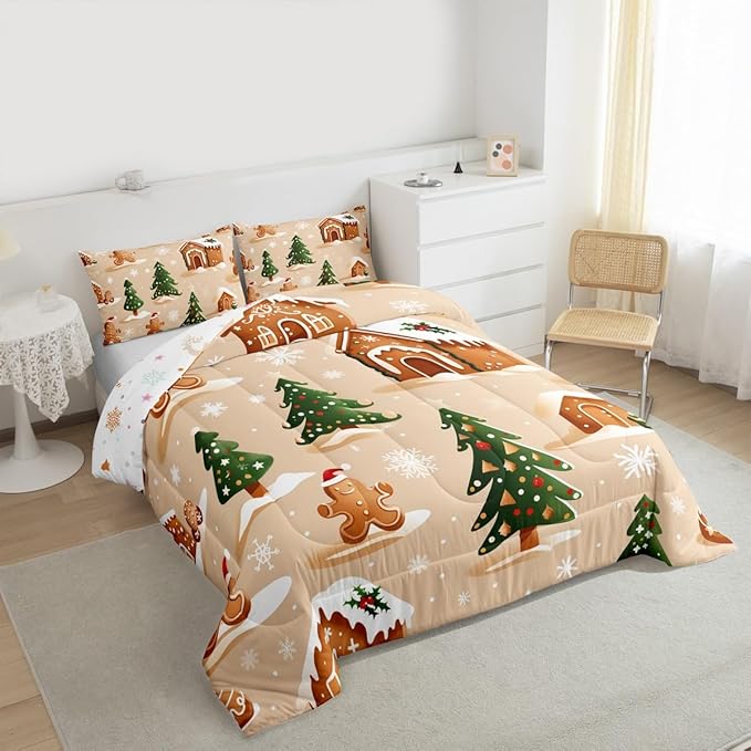 Feelyou Christmas Bedding Set Soft for Boys Girls, Gingerbread Man Comforter Set Twin Size Snowflake Duvet Quilt Microfiber Xmas Tree Bedroom Decor 2 Pcs with 1 Pillow Cases
