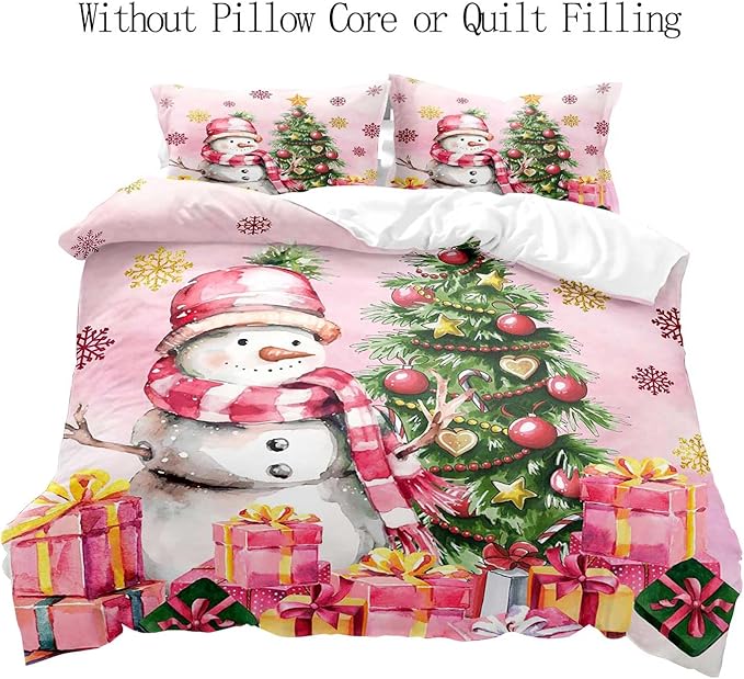 LUVIVIHOME 3PCS Snowman Duvet Cover Queen Bedding Sets, Pink Duvet Cover, Kids Teens Girls Bedding, Christmas Tree Snowflake Holiday New Year Xmas Gifts Christmas Comforter Quilt Cover, 2 Pillow Shams