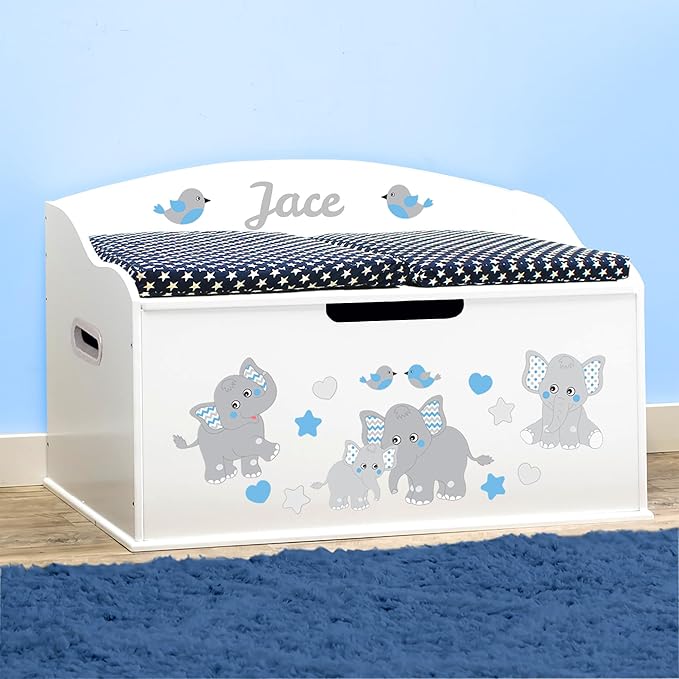 DIBSIES Personalized Creative Wonders Toy Box, Blue Elephants, 30 x 19.25 x 18 inches, Soft-Close Lid (White)