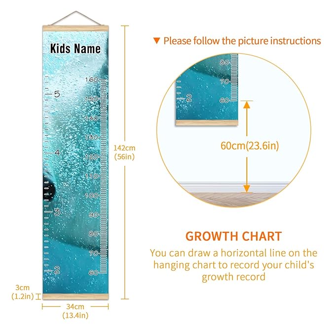 Personalized Kids Name Growth Chart Ruler for Wall Wood Frame Height Measure Chart 13.4x56 in Linen Hanging Height Growth Chart Funny Polar Bear Swimming Kids Room Decor