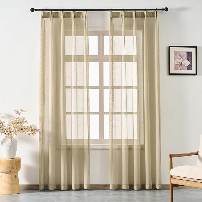 Taupe Sheer Curtains 96 Inches Long, Neutral Linen Look Textured Light Filtering Drapes Decor, Tan Beige Transparent Window Treatments, Rustic Pinch Pleat Curtain with Hooks