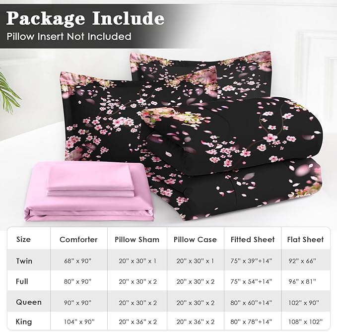 7 Pcs Queen Size Comforter Set with 2 Pillowcases & 2 Shams, Tree Flower Floral Bedding for Kids and Adults, Pink Cherry Blossom Bed in a Bag with Flat Fitted Sheet