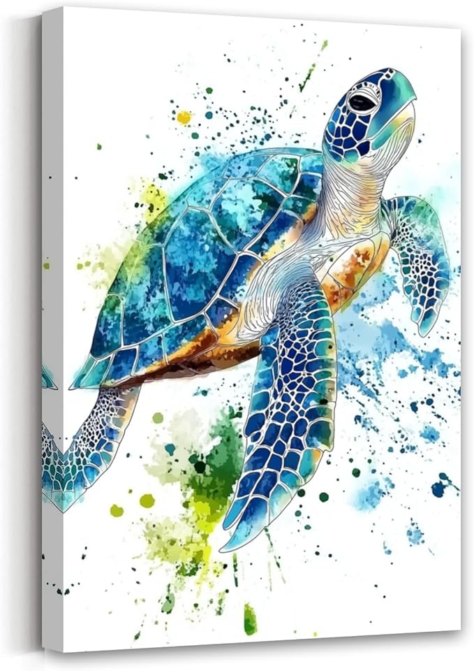 AWPANERAR Sea Turtle Wall Art Bathroom Pictures Watercolor Sea Life Canvas Prints Ocean Animal Poster Nautical Theme Artwork for Kids Room Nursery Decor Framed (White, (42L x 28W))