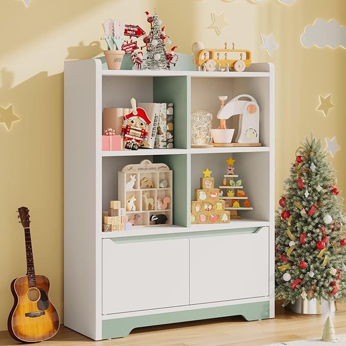 Kids Bookshelf and Toy Organizer, 2 Tier Kids Book Shelf for Kid Rooms with 2 Doors, 4 Cubes Storage Organizer,Wood Children Bookcase,Freestanding Toddler Book Display Shelf for Playroom