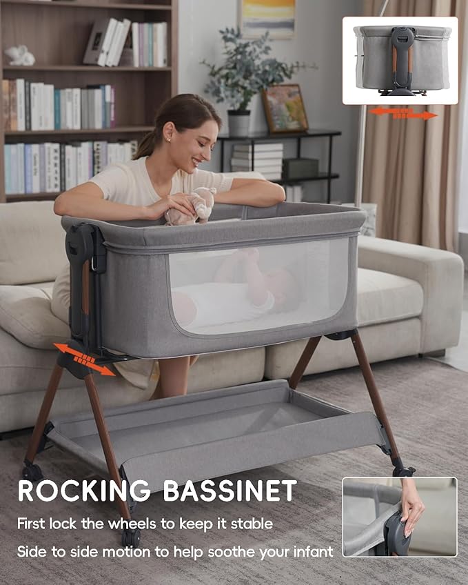 Baby Bassinet - Bassinet Bedside Sleeper,3-in-1 Bedside Bassinets for Baby,Rocking Bassinet with Comfy Mattress,Wheels,Breathable Mesh& Storage,6 Height Adjustable Crib,ASTM Certified(Grey)
