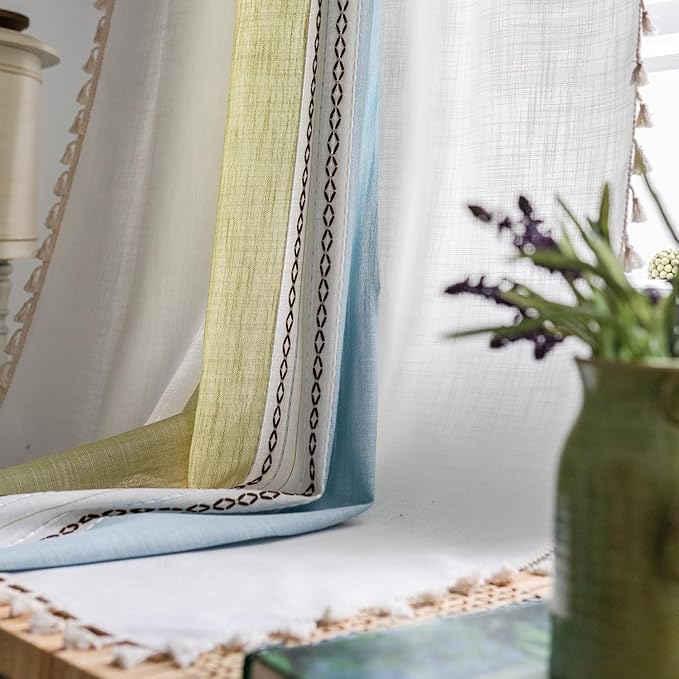 Deeprove Boho Linen Curtains 84 inch for Bedroom Living Room, Semi Blackout Textured Farmhouse Tassels Window Treatment Bohemian Embroidery Drape Rod Pocket 1 Panel 52" W x 84" L, Blue and Sage Green