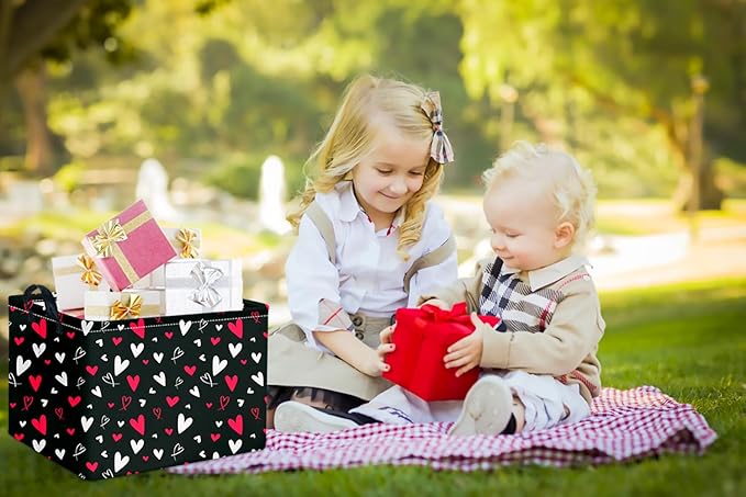 CLOCOR Rectangular Gift Basket,Collapsible Fabric Storage Container,Waterproof Storage Bin with Handles(White Heart)