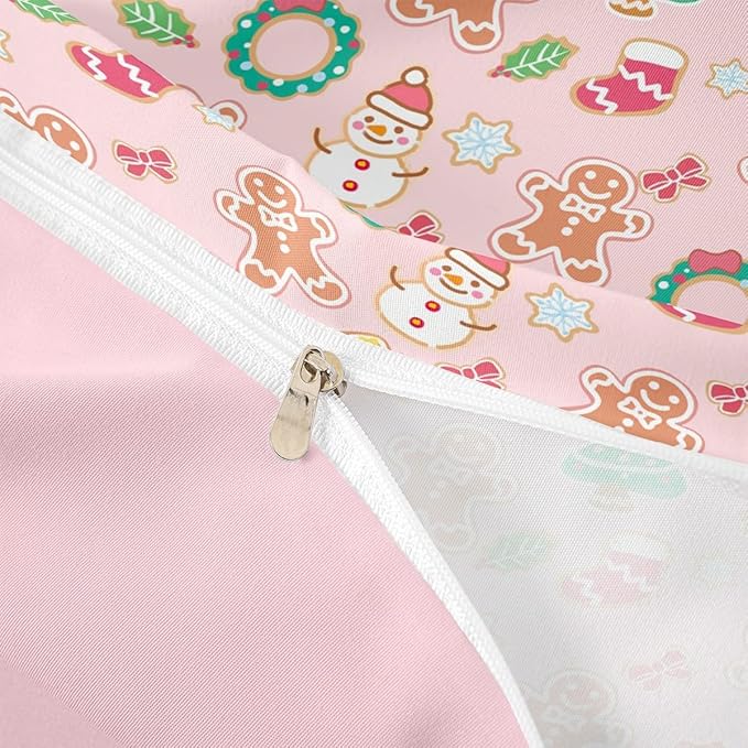 Feelyou Christmas Comforter Cover Cartoon Snowman Christmas Tree Bedding Set Gingerbread Man Xmas Theme Duvet Cover for Kids Boys Girls Microfiber Pink Bedspread Cover Room Decor Bedclothes Toddler
