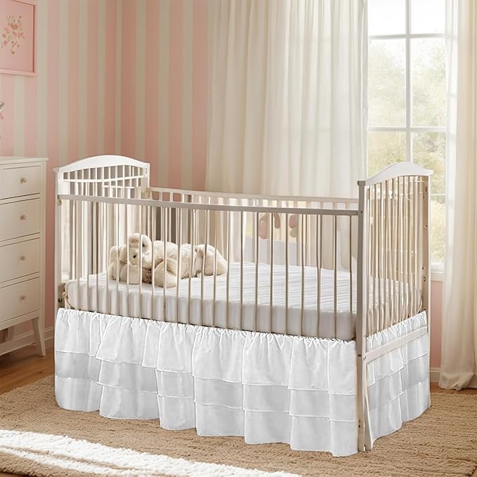 Ruffled Crib Bed Skirt: 3 Tiered Ruffled Crib Skirt Baby Girl Nursery Toddler Bedding Dust Ruffle, 17.7" Deep Drop- Fits Standard Cribs,28"x 52" (White)