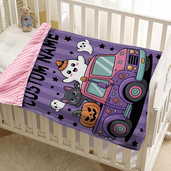 Personalized Halloween Blanket for Baby Girls, Custom Baby Blanket with Name, Ghost Pumpkin Truck Pattern Soft Minky Dot Blanket, Halloween Decor Christmas Birthday Gifts for Kids Toddlers