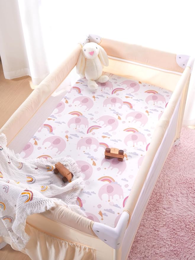 TILLYOU Mini Crib Fitted Sheets - Soft Knit Sheet for Pack N Play, Microfiber Mini Crib Sheets, 38 x 24 Playpen Bedding Sheet for Baby 2 Pack, Machine Washable, Rainbow Elephant