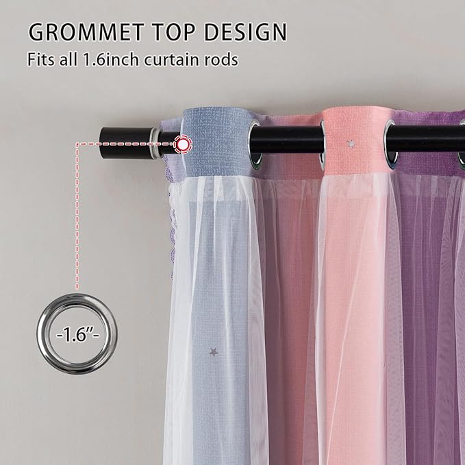 XiDi Blackout Curtains for Girls Bedroom Decor 45 inches Long Window Curtains Colorful Rainbow Design 2 Panel Sets, Kids Room Unicorn Princess Theme Home Decor Ombre Drapes Grey/Pink/Purple W34 X L45