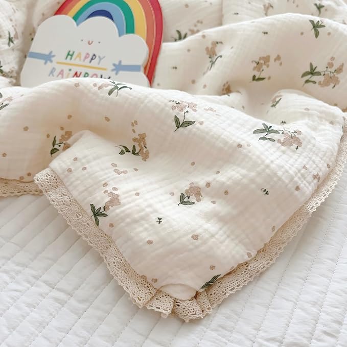 BuLuTu Shabby Chic Floral Toddler Comforter Quilt Cotton Muslin Kids Blankets Sweet Laurel Design Beige Toddler/Twin Bed Blanket for Unisex Baby Toddler Boys Girls, 60"x78"