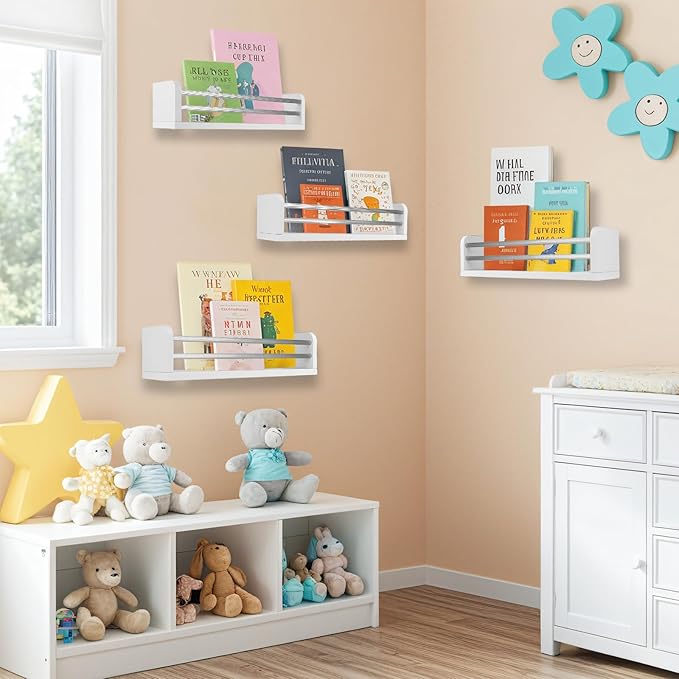 Nursery Wall Bookshelves 4-Pack, Floating Shelves for Kids Room Décor, Baby & Toddler Book Shelf Organizer, Solid Wood Wall-Mounted Rack for Books, Toys & Nursery Storage