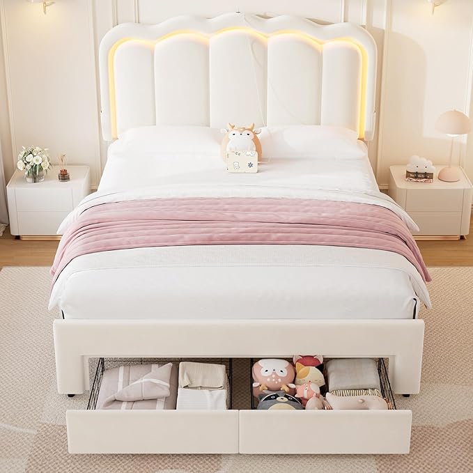Full Upholstered LED Bed Frame with 2 Storage Drawers and Adjustable Chic Double Wavy Headboard, Velvet Princess Platform Bed with Charing Station, Solid Wood Slats Support,No Box Spring Needed,Beige