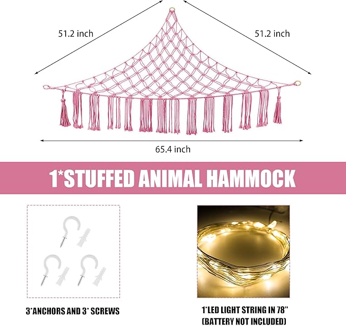 Stuffed Animal Hammock with LED Light, Large Stuffed Animals Storage Corner Plushie Net for Kids Room Decor, Jumbo Pink