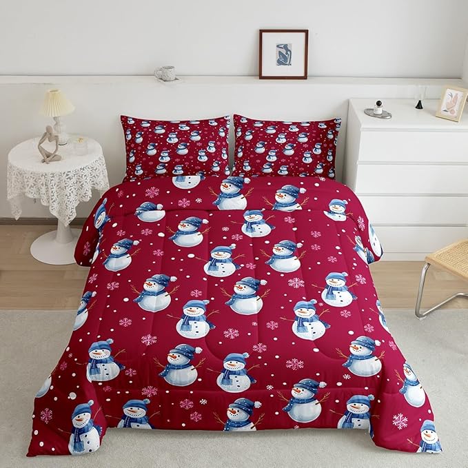 jejeloiu Kids Cute Winter Snowman Comforter Set Twin Size Red Christmas Theme Bedding Set for Boys Girls Teens Xmas Snowflake Happy New Year Duvet Quilt Room Decor