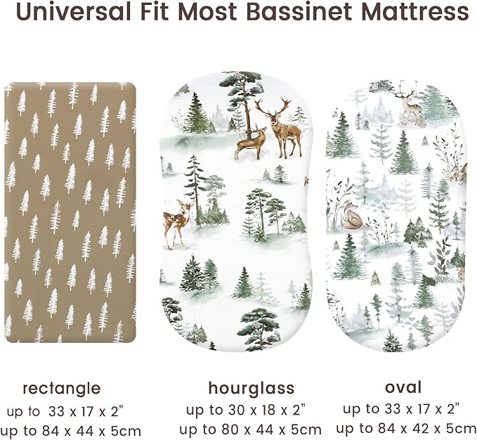 PHF 3 Pack Soft Bassinet Sheets, Woodland Breathable Comfy Cradle Sheets for Baby Boys Girls Neutral, No Slip Universal Fit for Most Cradle and Bassinet Mattress, Woodland