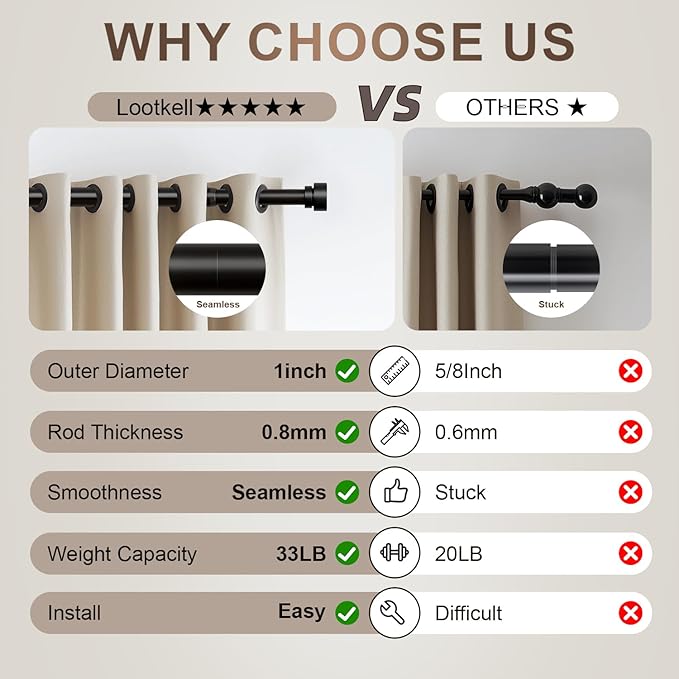 Modern Black Curtain Rods for Windows 72 to 144 Inches Adjustable Length Heavy Duty 1" Diameter Window Curtain Rod with Decorative Finials for Outdoor Farmhouse Bedroom Kitchen Living Room