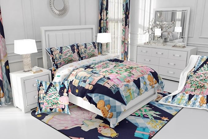 jejeloiu Christmas Nutcracker Comforter Set Queen Size Gingerbread Man Bedding Set for Kids Boys Girls Xmas Tree Duvet Quilt Dark Blue Bedroom Decor