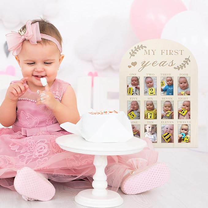 Toyvian Newborn First Year Picture Frame Wood Milestone Board Photo Display Keepsake for Nursery Desk Decoration Months Milestone Photo Frame for Parents
