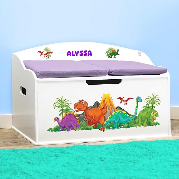 DIBSIES Personalized Creative Wonders Toy Box, Dinosaurs, 30 x 19.25 x 18 inches, Soft-Close Lid (White)