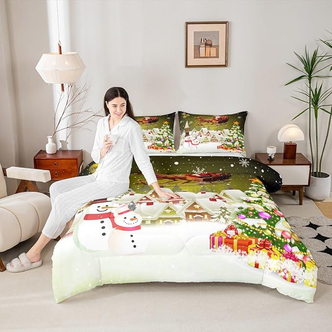 Manfei Christmas Comforter Set Queen Size, Xmas Tree Snowman Quilt Set with 2 Pillowcases, Santa Claus with Deer Bedding Set 3pcs for Kids Boys Girls Room Decor New Year Theme Duvet Insert