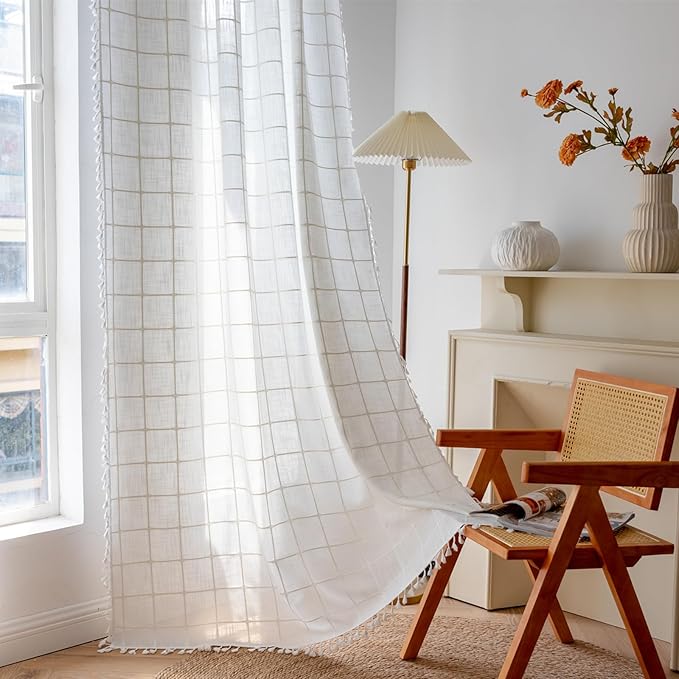 Deeprove White Boho Curtains for Bedroom 84 Inches Long, Cream Checkered Bohemian Chic Textured Embroidery Plaids, Vintage Handmade Tassels Country Decor Drapery, Rod Pocket, 1 Panel W52 x L84