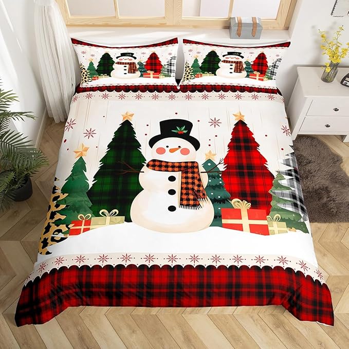Manfei Snowman Duvet Cover Set King Size, Xmas Leopard Plaid Trees Snowflake Comforter Cover with 2 Pillowcases, Christmas Theme Bedding Set 3pcs for Kids Girl New Year Bedspread Cover,No Comforter