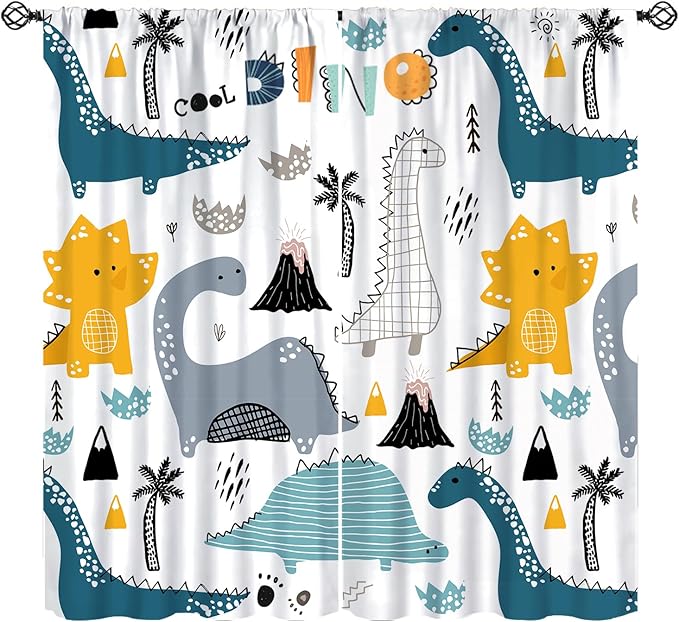 Dinosaur Curtains, Cartoon Dino Cute Safari Animal Print Pattern Blackout Window Treatments, Rod Pocket Thermal Insulated Drapes 2 Panel Sets for Kids Boys Bedroom Nursery Classroom, 84" W X 84" L