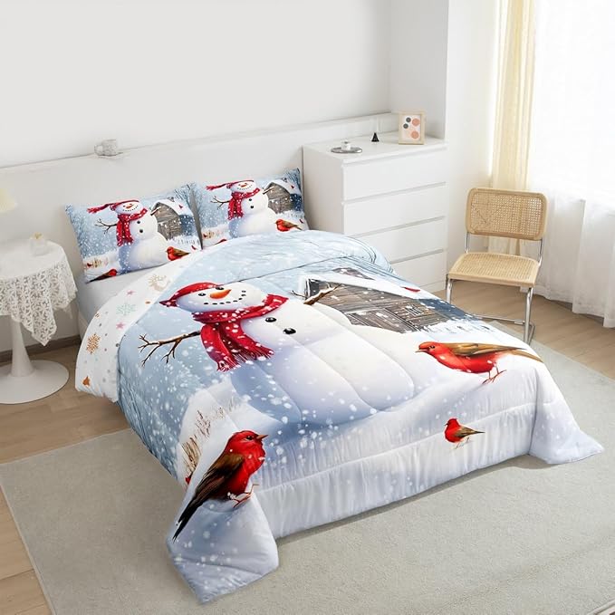 Feelyou Merry Christmas Comforter Set All Season Cute Snowman Bedding Set with 1 Pillow Cases Snowflake Microfiber Kids Toddler Bedclothes Winter Bedroom Decor Duvet Quilt Breathable Soft