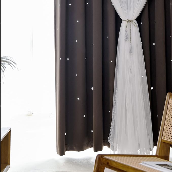 Kinryb Kids Blackout Curtains for Bedroom/Living Room/Classroom, Sheer Overlay 2 Free Tiebacks, Double Layer Curtains with Star Cutout for Kids Room(Each Piece W 70 x L 72 Inches 2 Pcs Chocolate)