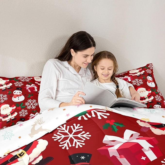 jejeloiu Merry Christmas Comforter Set Queen Size Xmas Santa Claus Bedding Set for Kids Boys Girls Cute Snowman Duvet Quilt Red Bedroom Decor