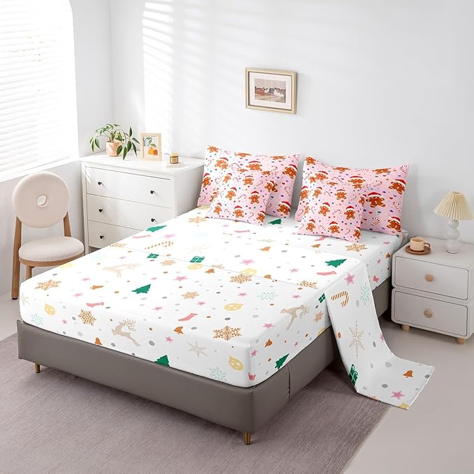 Feelyou Christmas Pink Bed in a Bag Cartoon Christmas Gingerbread Man Comforter Set with Sheets Xmas Theme Bedding Set for Kids Boys Girls Stars Candy Bed Set Decor Queen Size