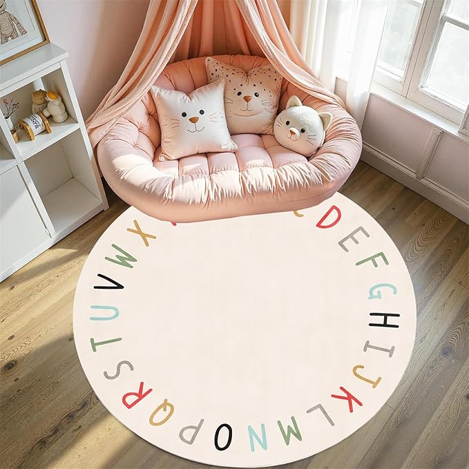 Round ABC Rugs-3.3ft Kids Round Rug Alphabet Numbers Shapes Educational Kid Area Rug Non Slip Kid Play Mat Carpet for Girl Boy Bedroom Playroom-White