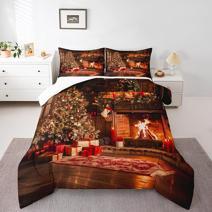 Vintage Christmas Comforter Set - King Size, Merry Christmas Bedding Set 3Pcs, Pine Tree Luxury Quilt Set, 2 Pillowcases