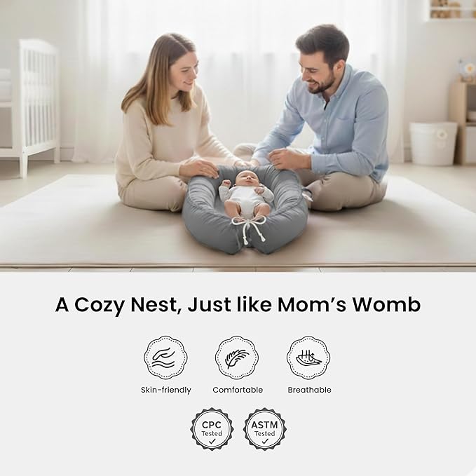 Baby Lounger – Infant Lounger for Newborn 0–24 Months, Baby Nest Lounger, Portable Newborn Lounger, Soft Breathable Cotton, Essentials for Babies at Home and Travel, Grey Solid