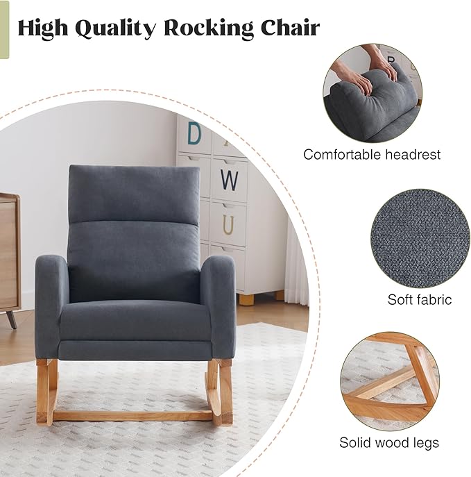 Rocking Chair Nursery, Nursing Rocking Chairs with Foot Rest for Mom Nursery, Rocker Glider Chair with Footrest and High Backrest for Living Room, Bedroom, Dark Gray