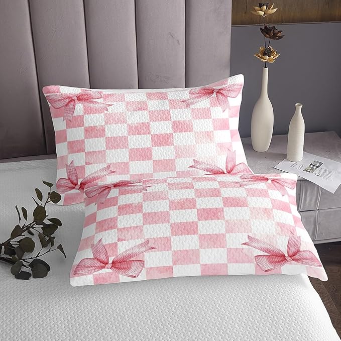 Pink Bowknot Kids Bedspread King Size,Geometric Grid Checkered Patchwork Fashion Coverlet Set,Girls Women Room Decor,Bow Tie Knot Princess Quilted Coverlet,Chic Unique Bedding Quilt,2 Pillowcases